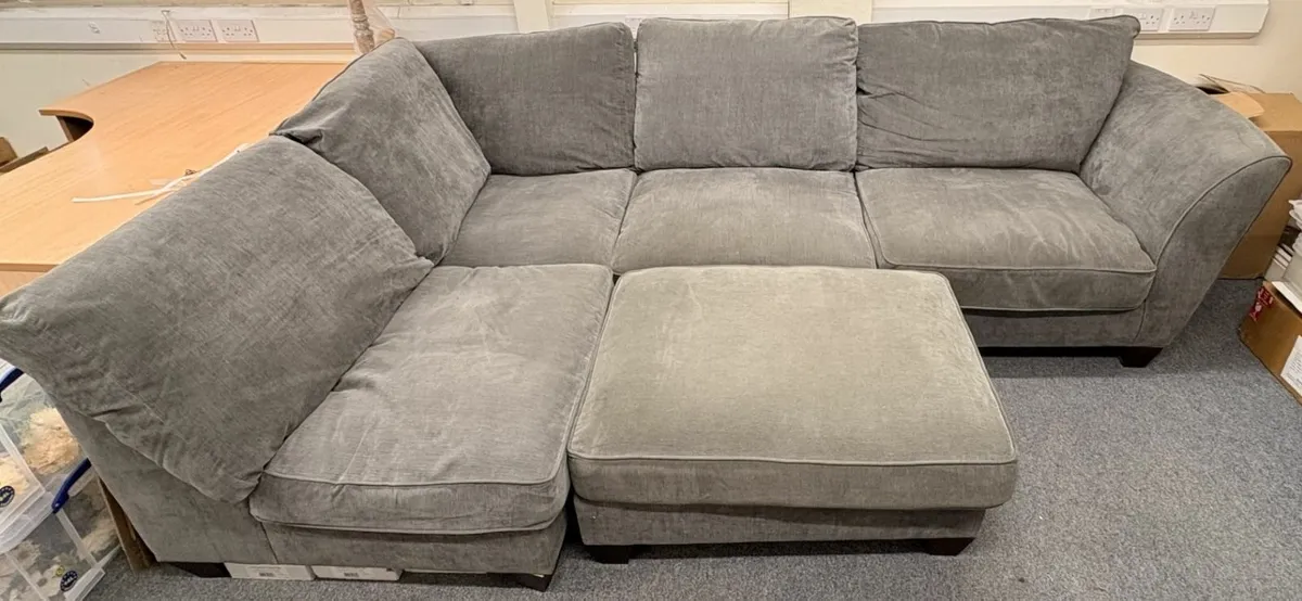 Grey L-Shaped Sofa + Footstool – Must Go Fast - Image 1