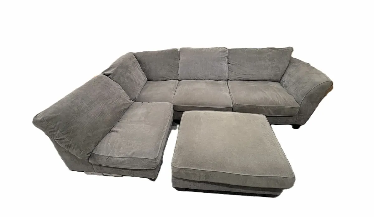 Grey L-Shaped Sofa + Footstool – Must Go Fast - Image 4