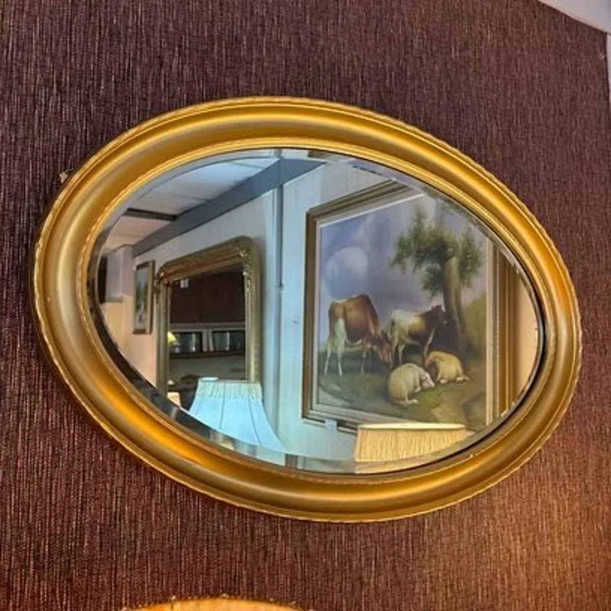 Oval shaped gilt wall mirror. Not some wear on the