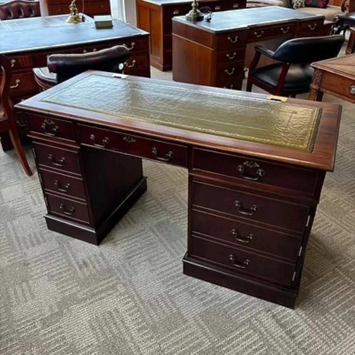 Mahogany green leather top twin pedestal computer - Image 1