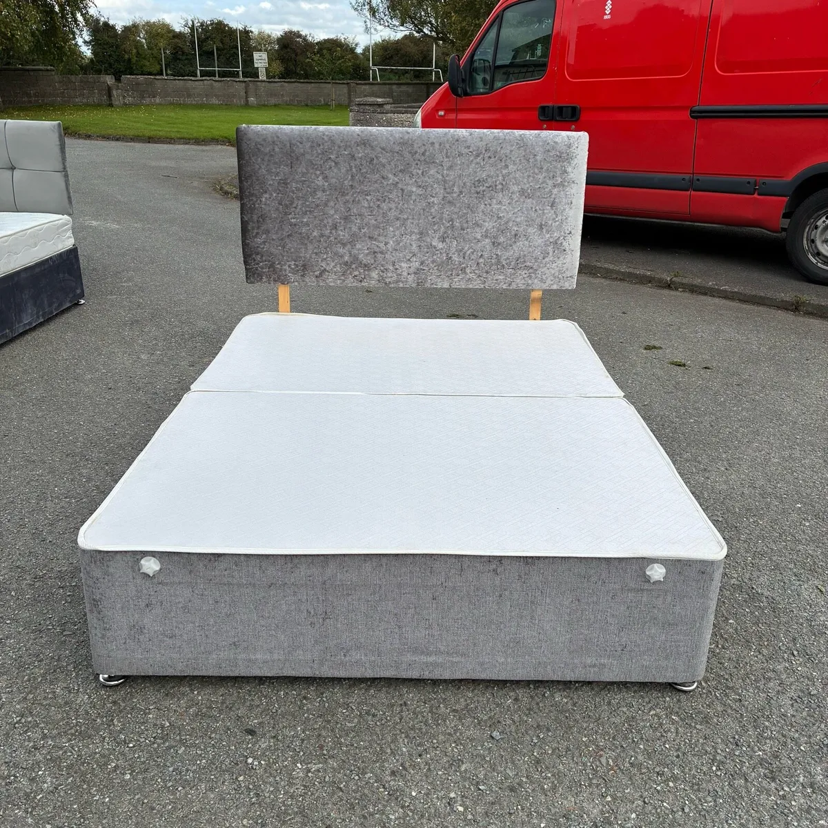 Grey Velvet Base bed & Headboard with Mattress - Image 1
