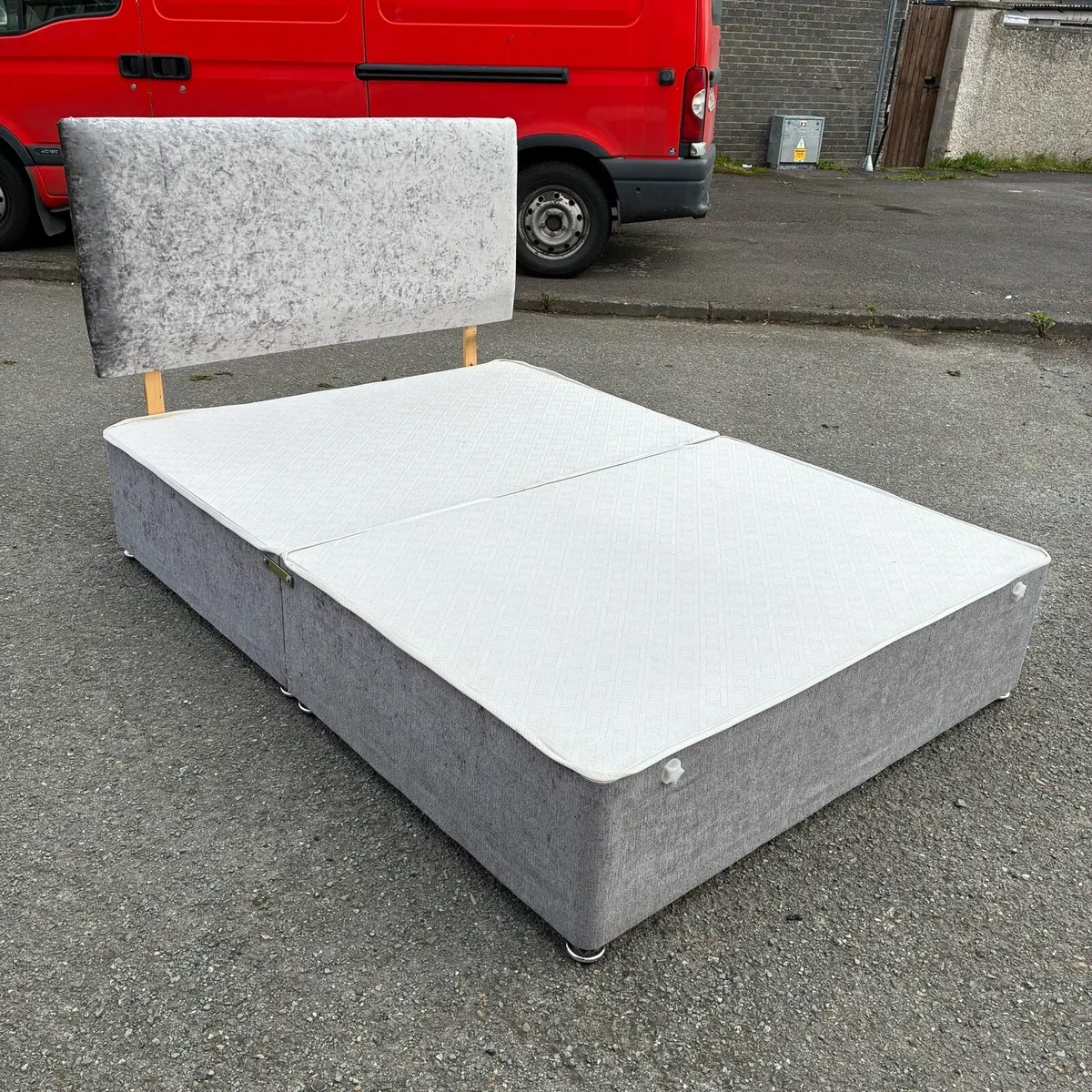 Grey Velvet Base bed & Headboard with Mattress - Image 2