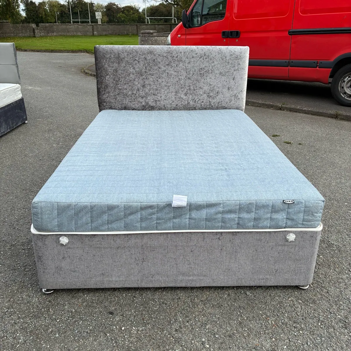 Grey Velvet Base bed & Headboard with Mattress - Image 3