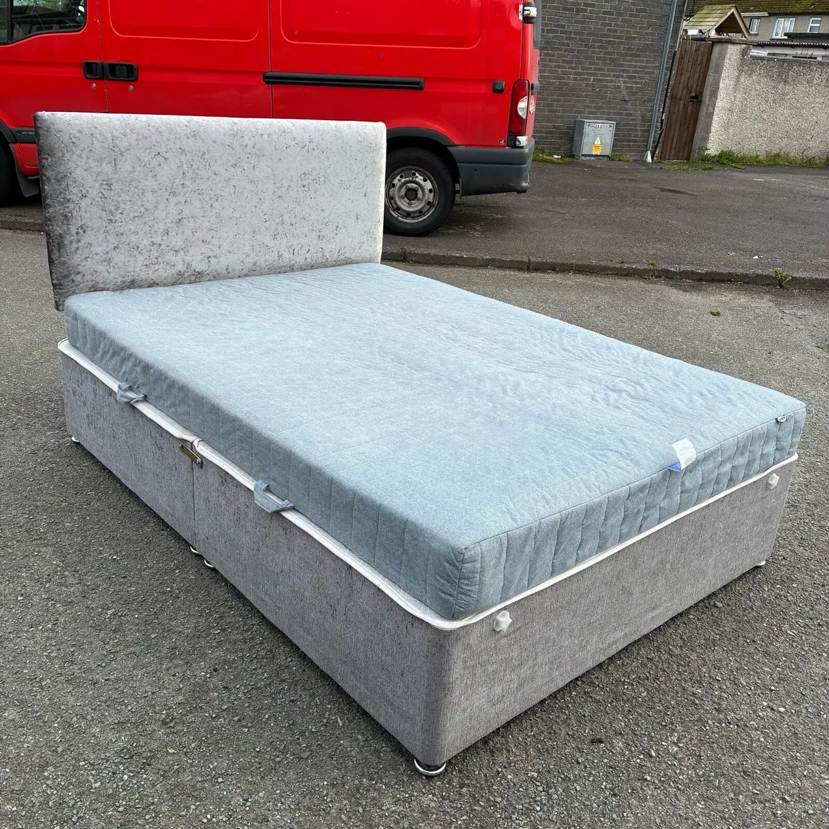Grey Velvet Base bed & Headboard with Mattress - Image 4
