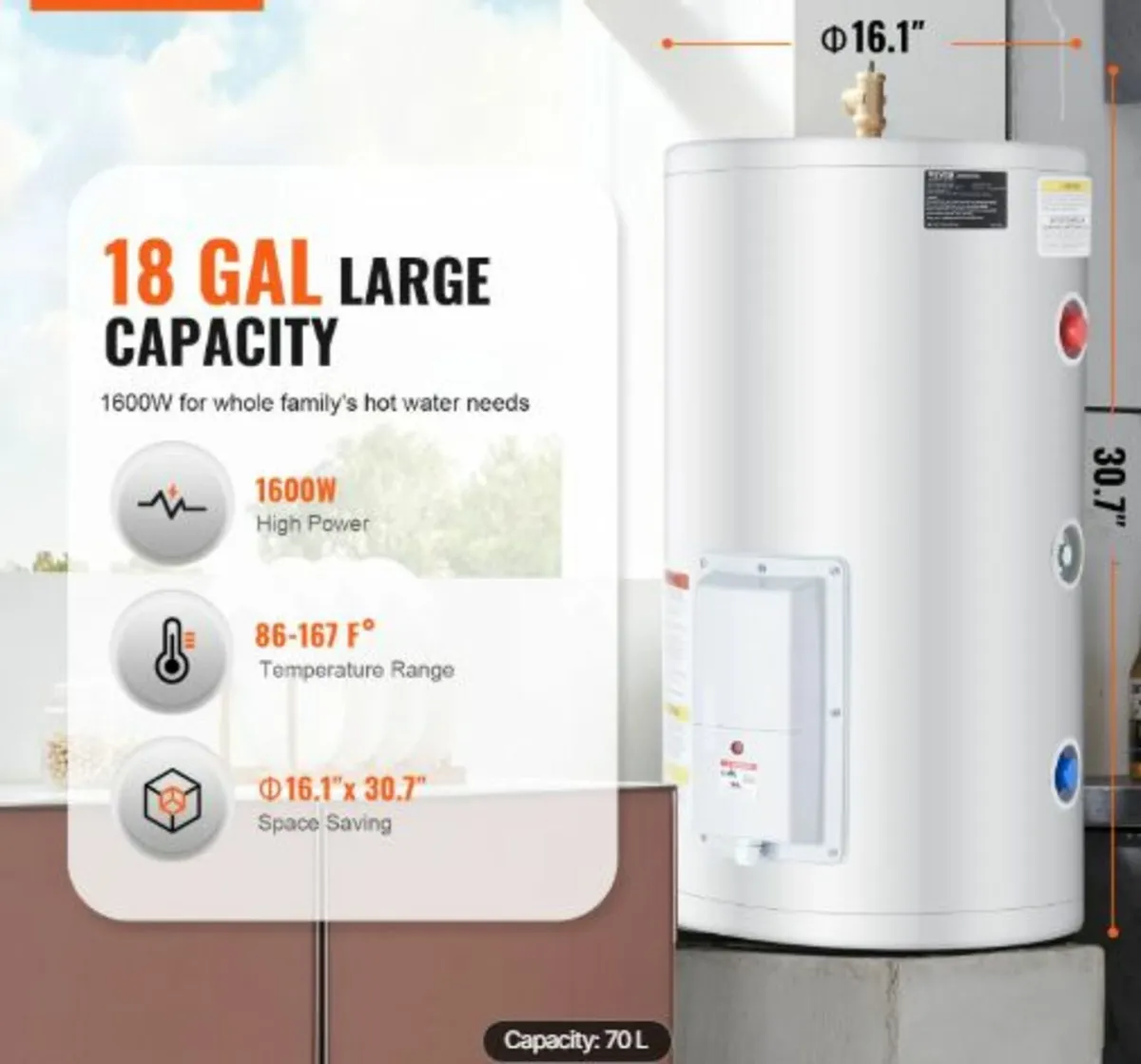 Electric Water Heater, 18 Gallon Tank Instant Hot - Image 2