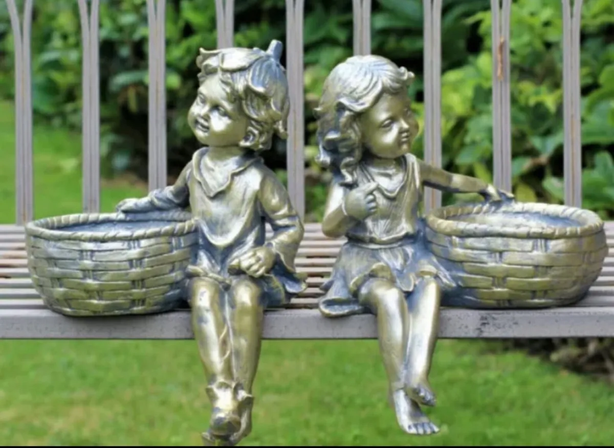 NEW Garden Ornament Boy & Girl Planters 12.5” High - Image 1
