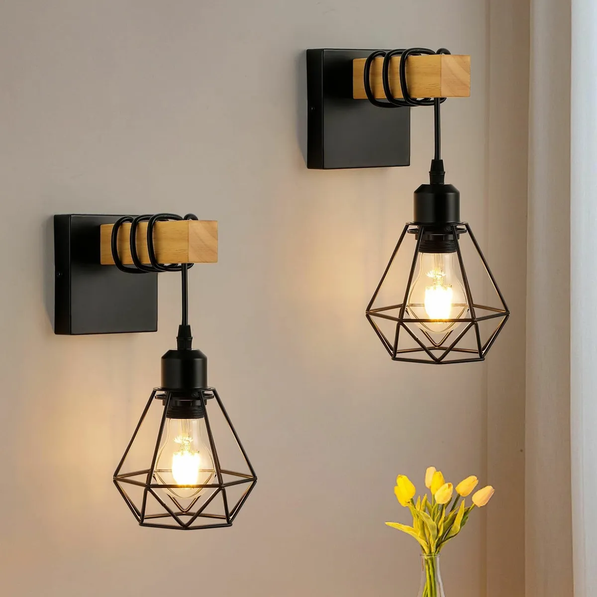 Vintage Wood Wall Lamp 2-Pack Black E27 Sconce Lig - Image 1