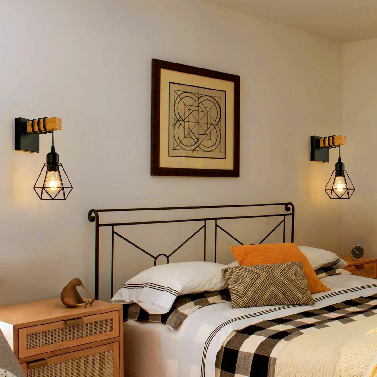 Vintage Wood Wall Lamp 2-Pack Black E27 Sconce Lig - Image 2