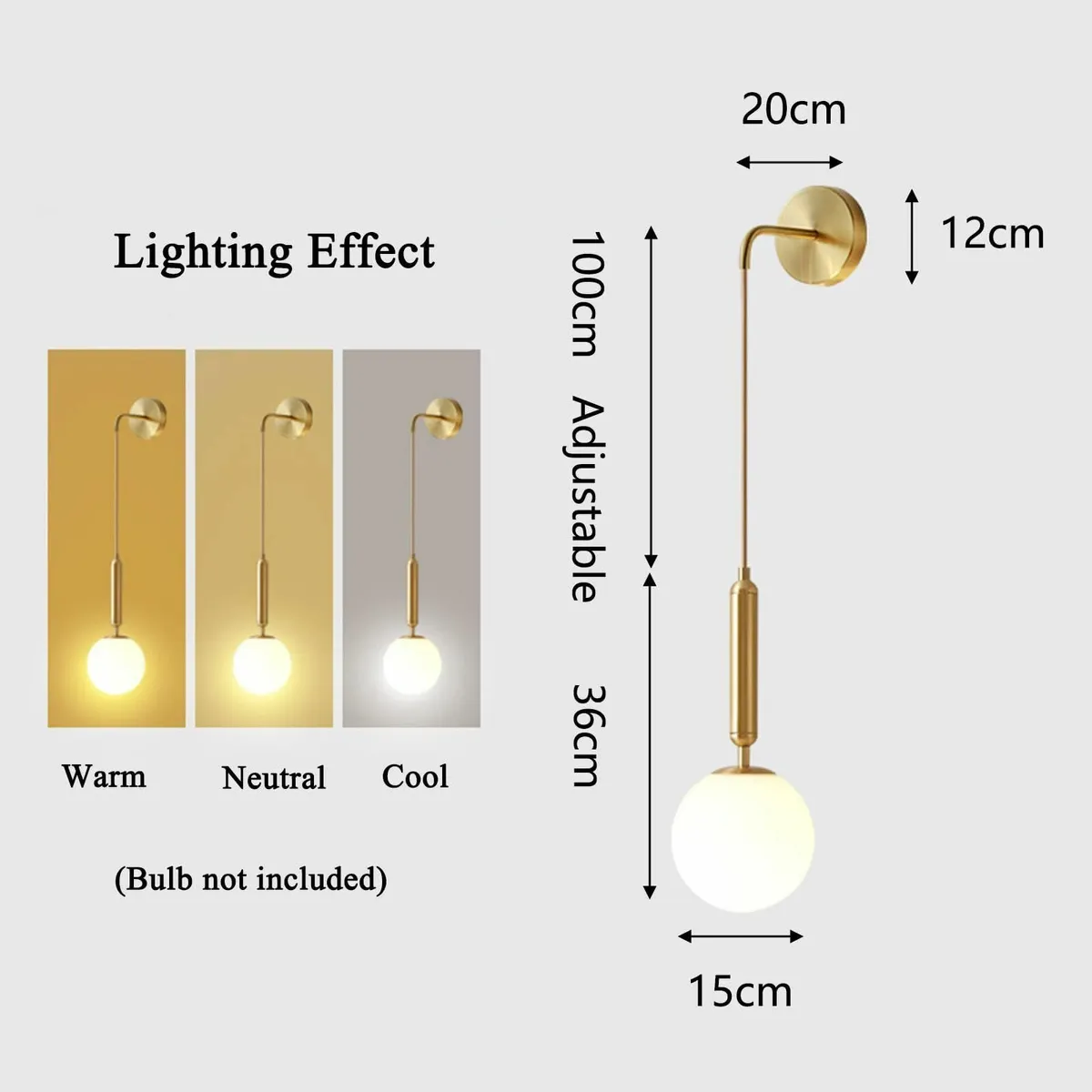 150mm White Glass Globe & Gold Metal Wall Sconces - Image 2