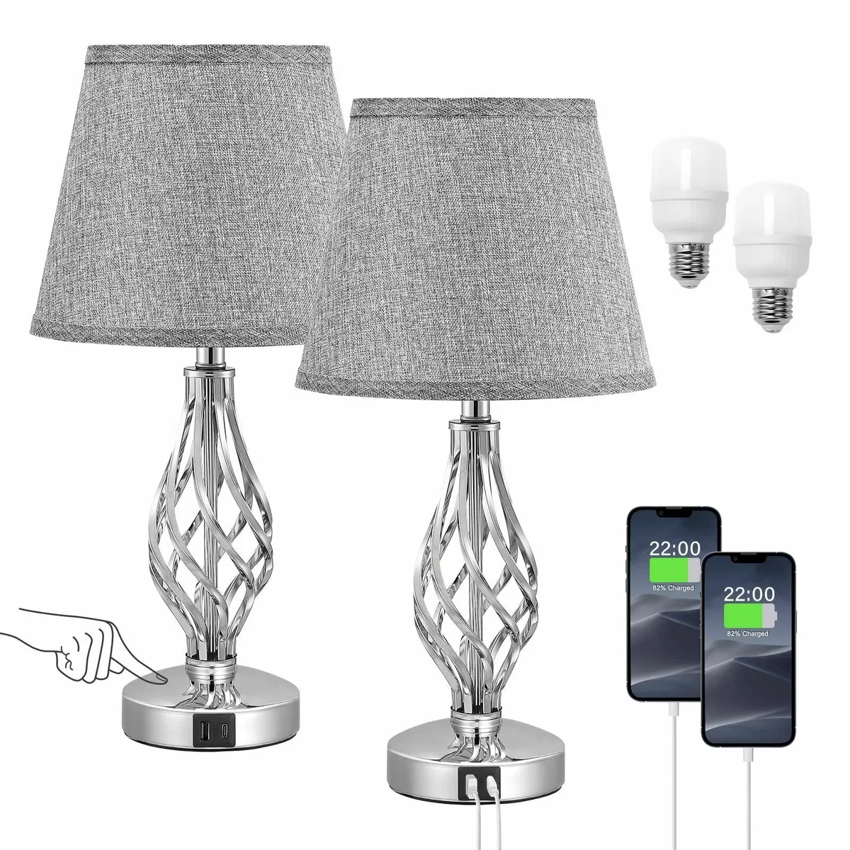 Touch Table Lamps Set of 2 Bedside Lamp USB-C USB- - Image 2