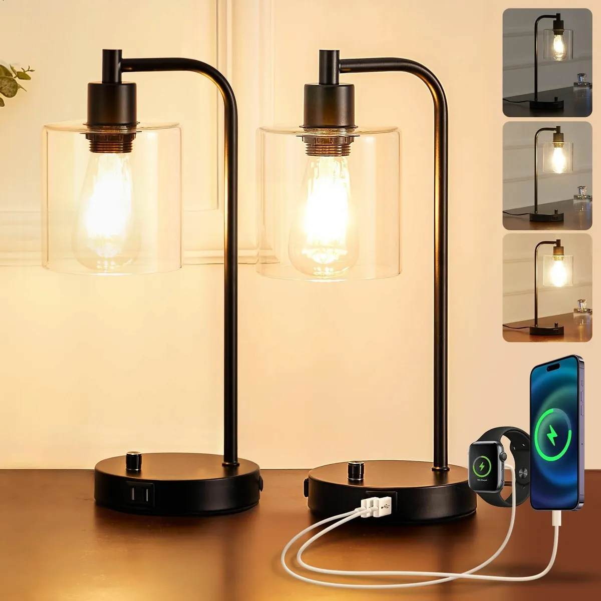 Dimmable Bedside Lamps Set of 2 Industrial Retro U - Image 1