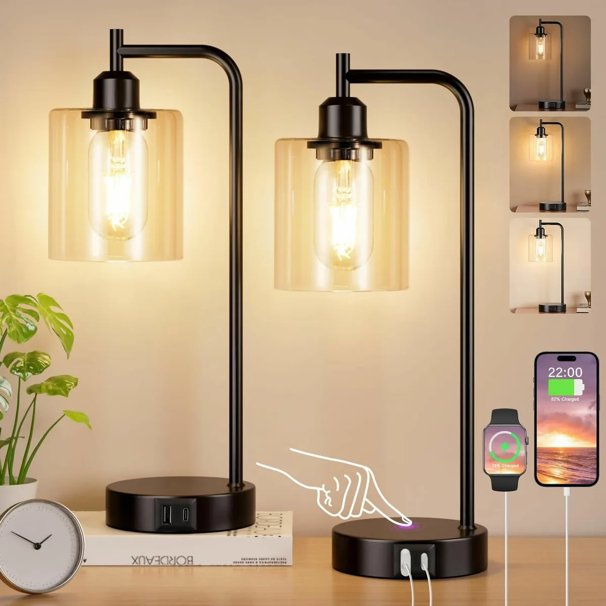 Bedside Lamps Set of 2 Industrial Touch USB C+A Ch - Image 1