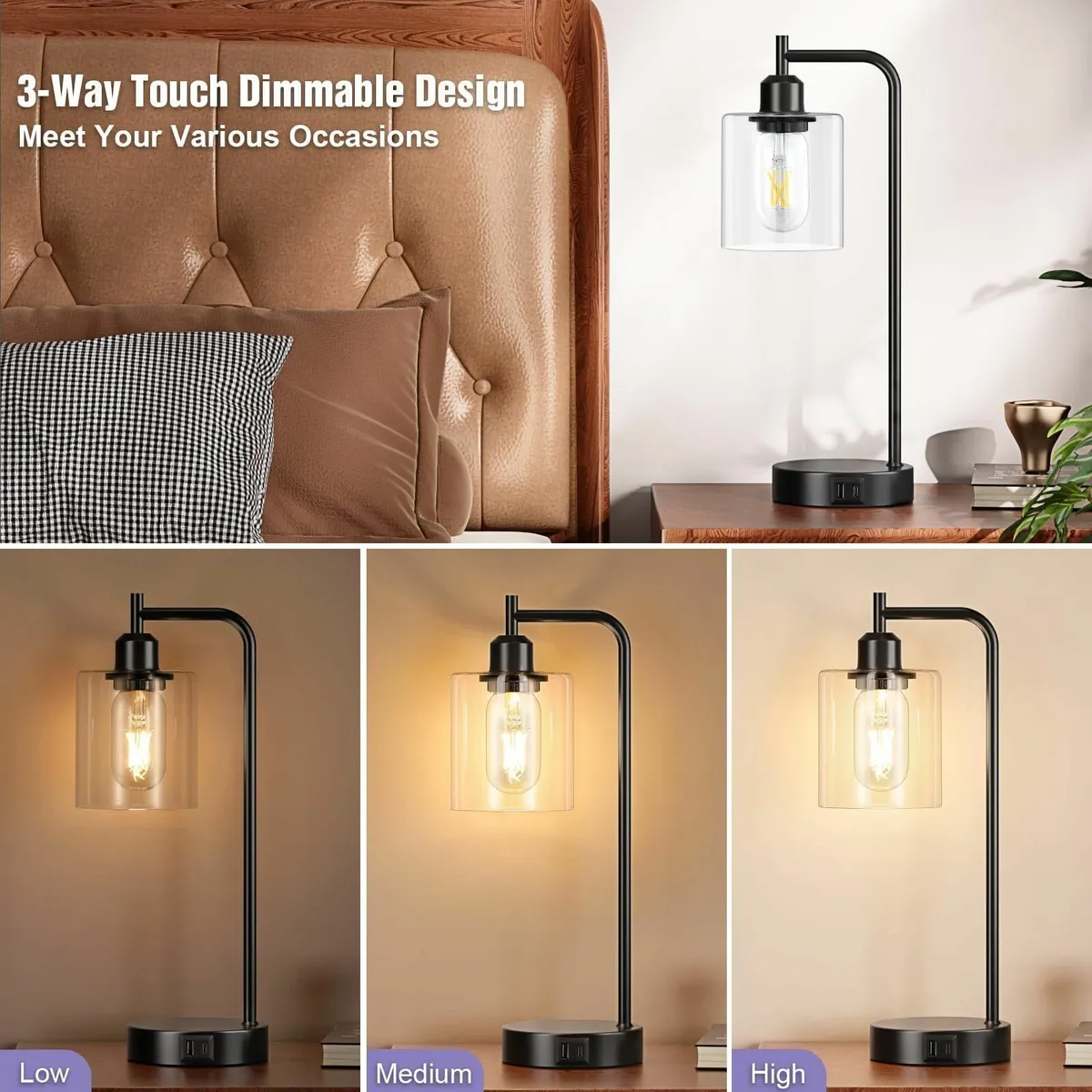 Bedside Lamps Set of 2 Industrial Touch USB C+A Ch - Image 3
