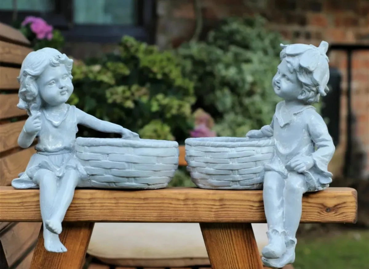 Garden Ornament Boy & Girl Planters / Bird Feeders - Image 3