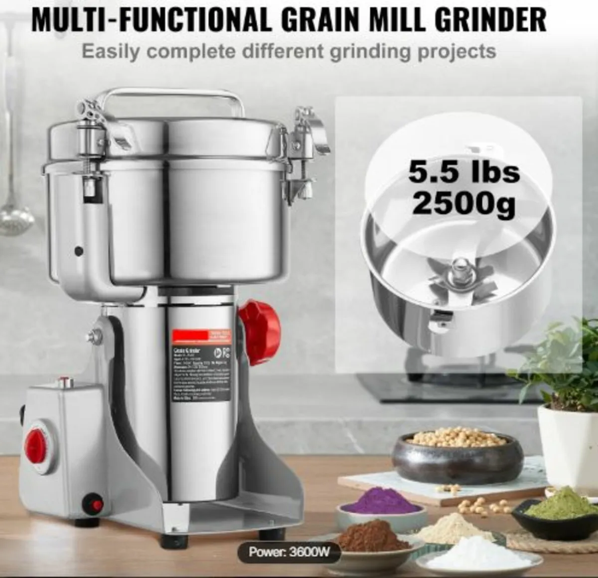 2500g Electric Grain Mill Grinder,High Speed 3400w - Image 2