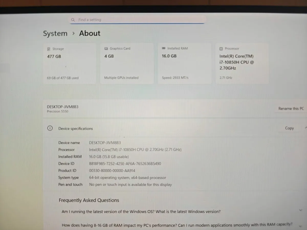 Dell Precision 5550 Laptop | Intel i7 vPro | 16GB - Image 3