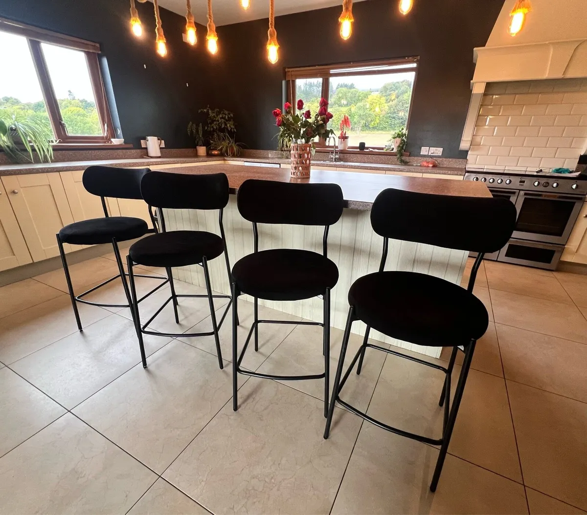 Set of 4 Black Velvet Bar Kitchen Stools - Image 2