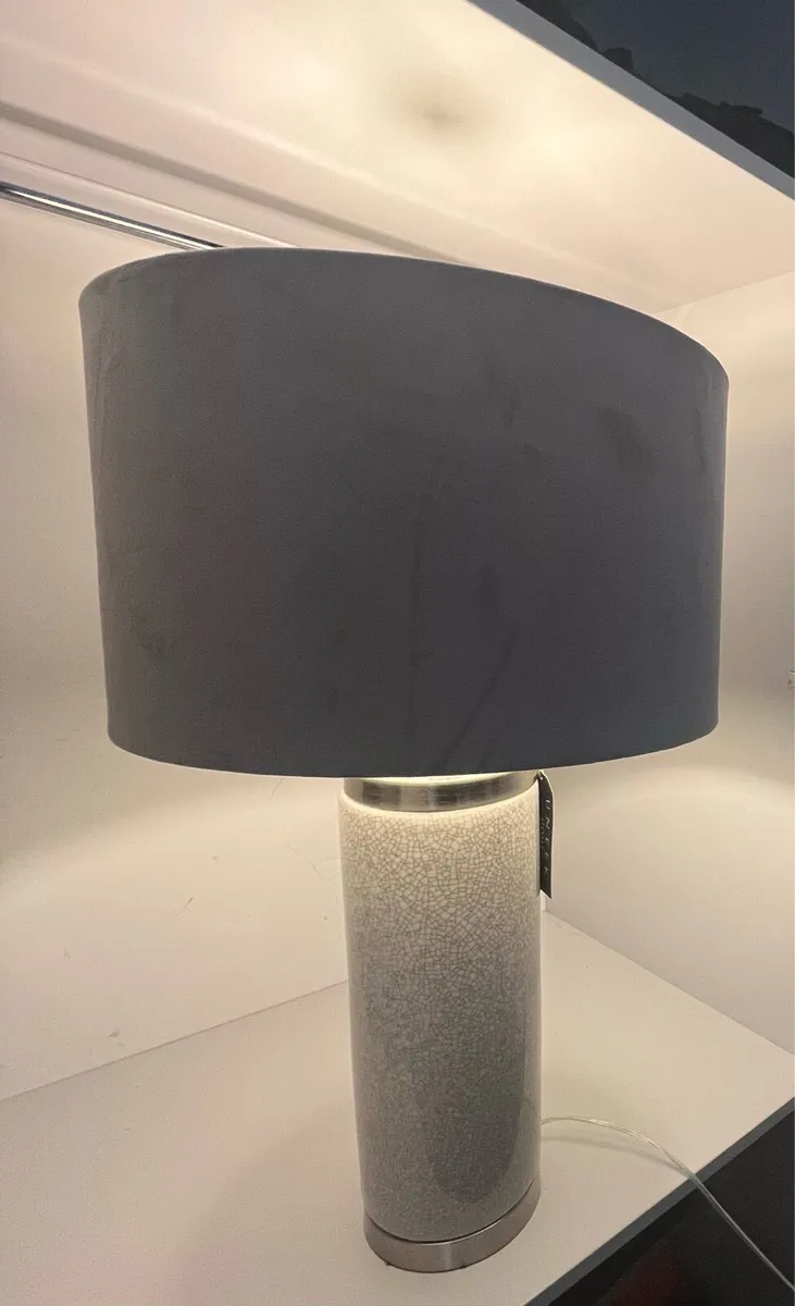 Crackle Base Lamp with Grey Velvet Shade - Image 1