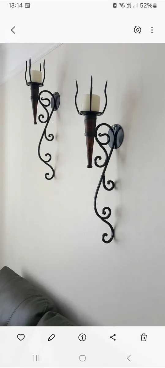 Pair of Gothic wall sconces metal and oak - Image 1