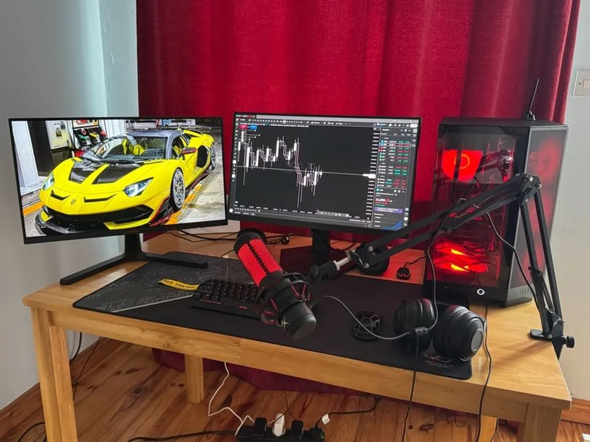 Full Gaming + Trading PC Setup | Dual Monitors + HyperX Mic | STEAL DEAL - Image 1