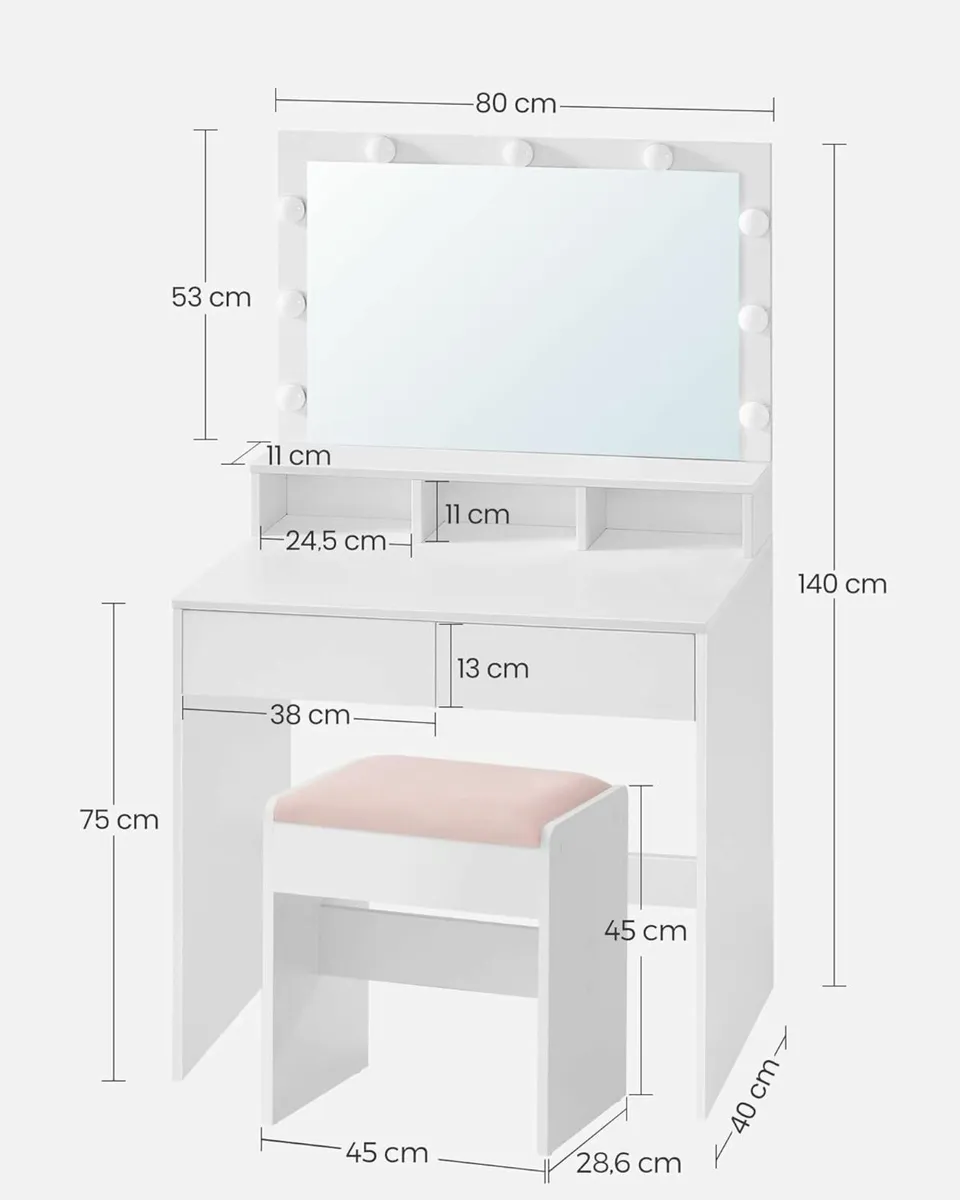 Dressing Table with LED Bulbs Mirror & Stool - Image 4