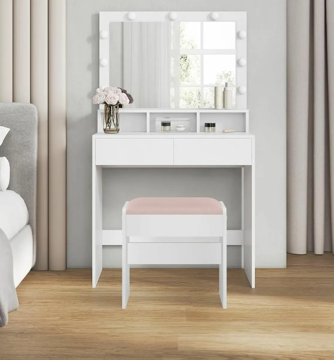 Dressing Table with LED Bulbs Mirror & Stool - Image 1