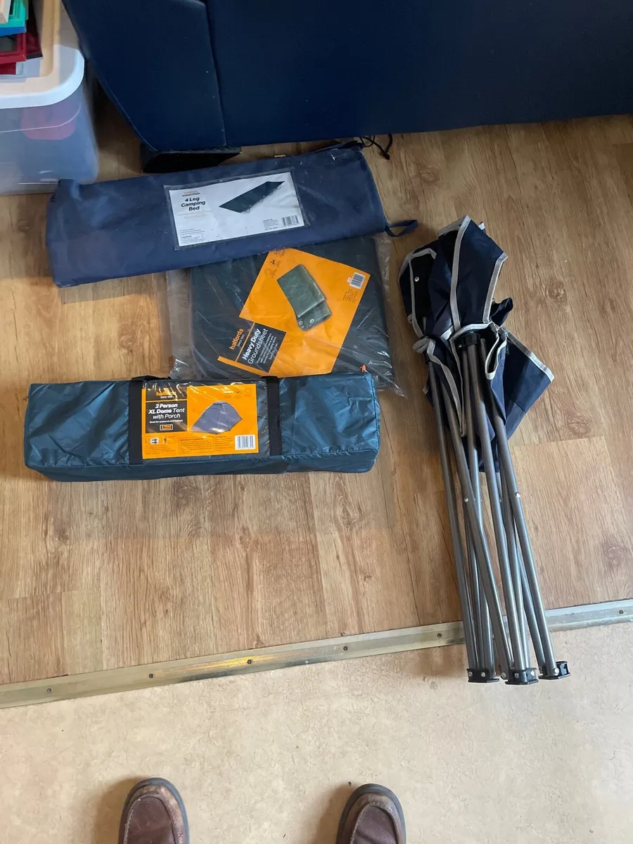 2 man tent, camping chair, tarp, and camping bed - Image 1