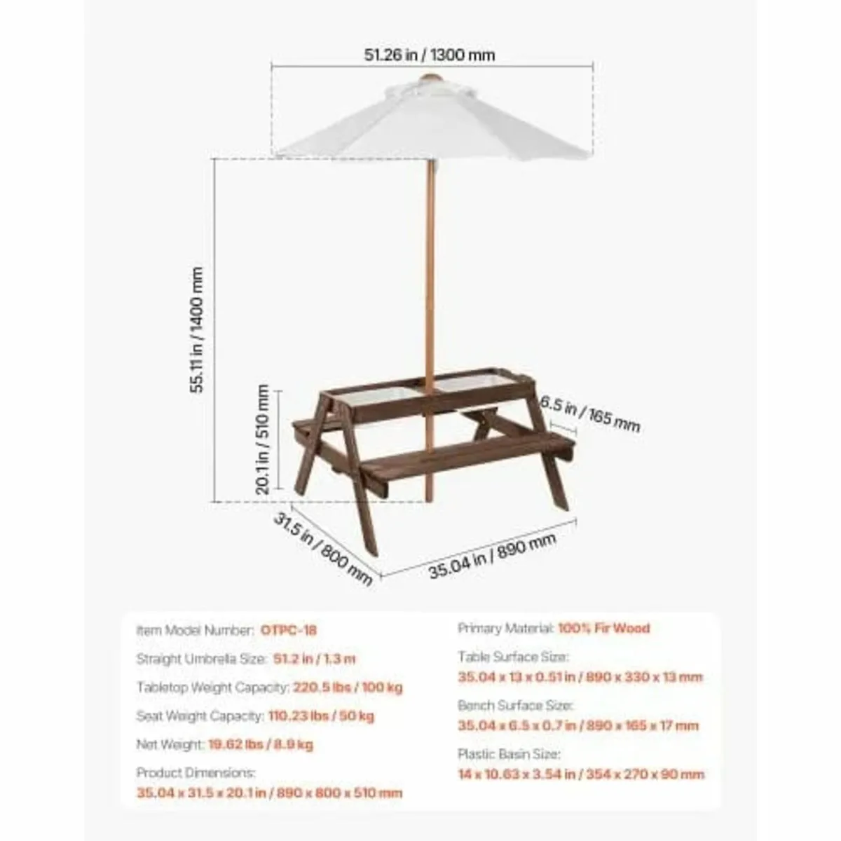 Kids Picnic Table with Umbrella, 3-in-1 Sand & Wat - Image 3