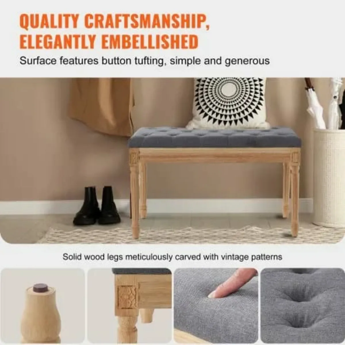 Upholstered Bench, 16"W Ottoman Bench, End of Bed - Image 4
