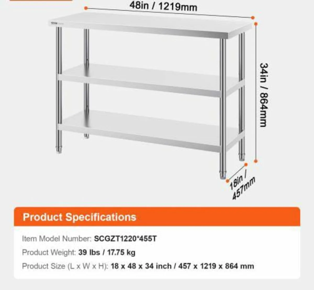 Table Commercial Kitchen Work Table 45.7x121.9 cm - Image 2