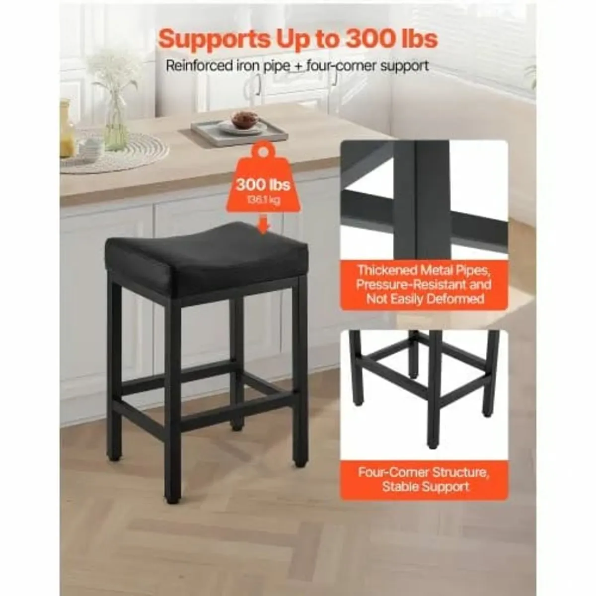 Bar Stool Set of 2, PU Leather Counter Height Stoo - Image 3