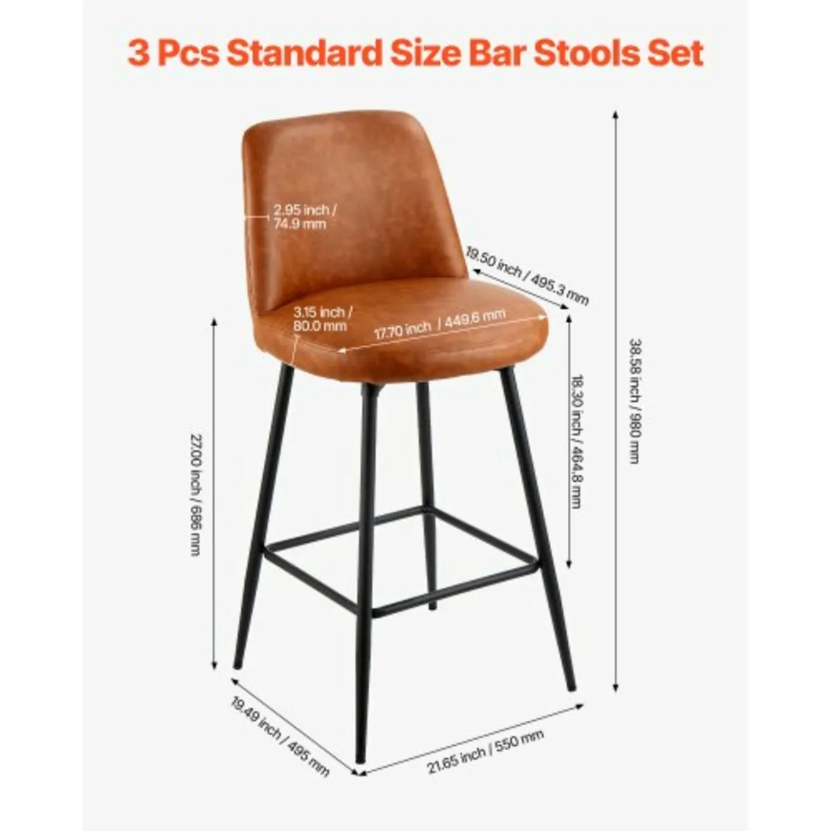 Stool Set of 3, 69cm Counter Height Swivel Stools, - Image 3