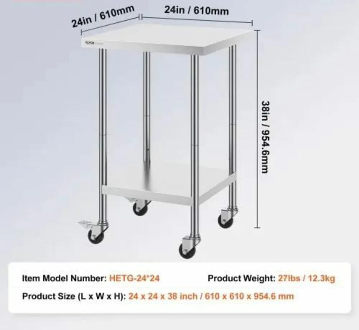 Work Table 24 x 24 x 38 Inch, with 4 Wheels, 3 Adj - Image 2