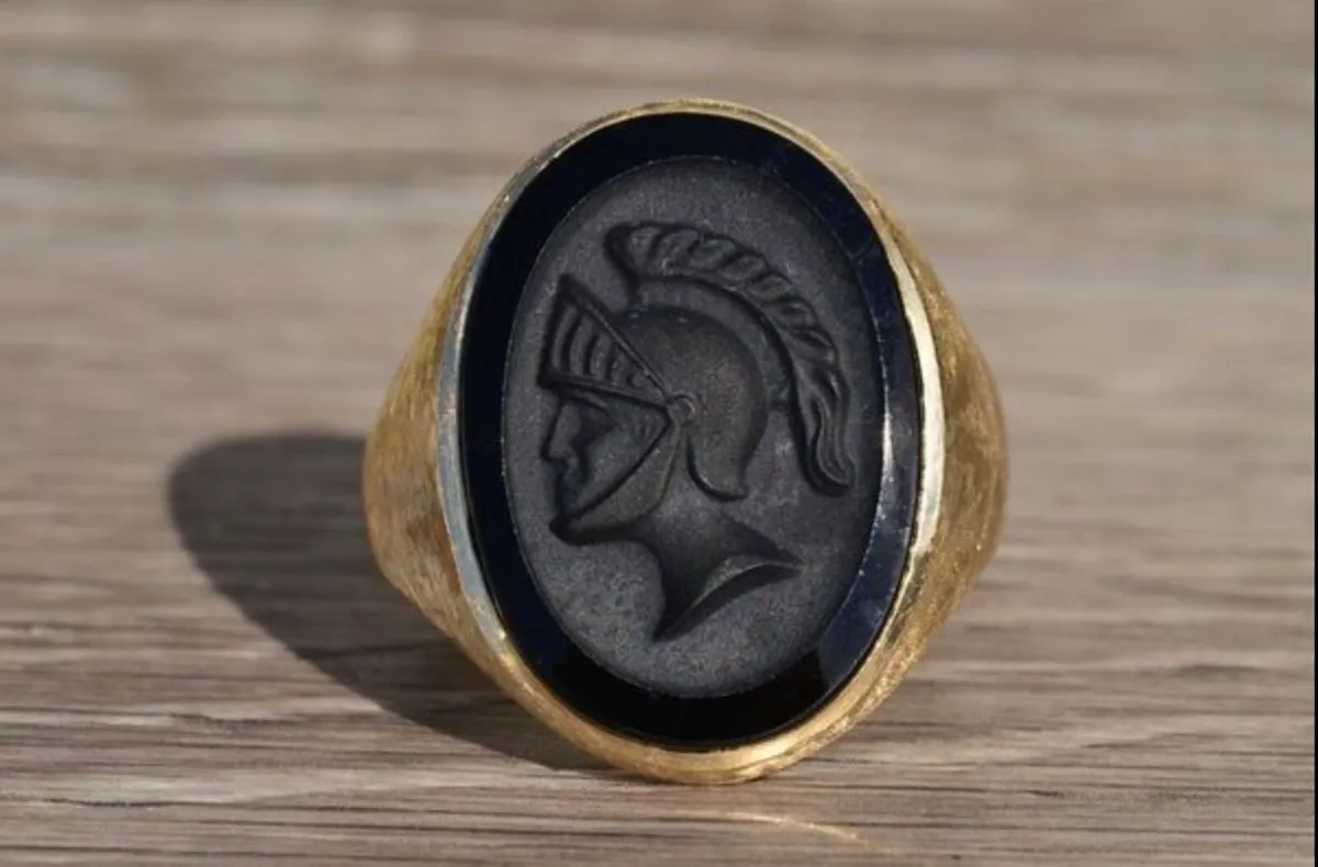 Gold Roman centurion black stone ring