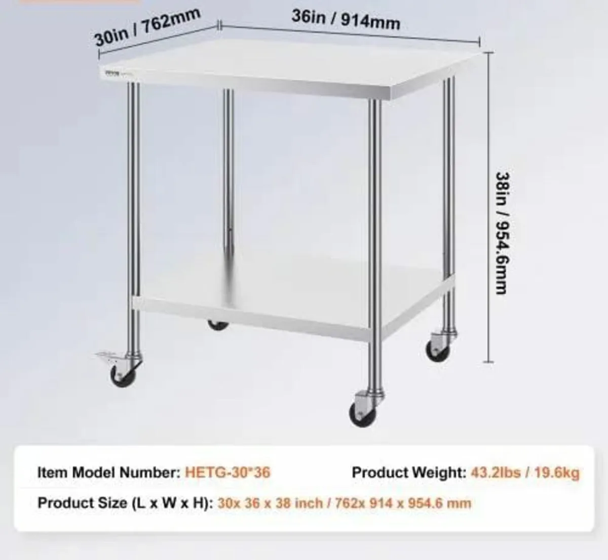 Stainless Steel Work Table 30 x 36 x 38 Inch, with - Image 2