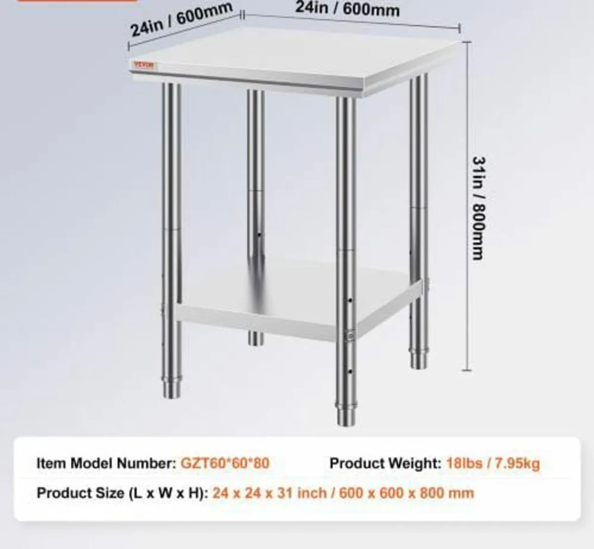 Work Table 24 x 24 x 32 Inches NSF Stainless Steel - Image 2