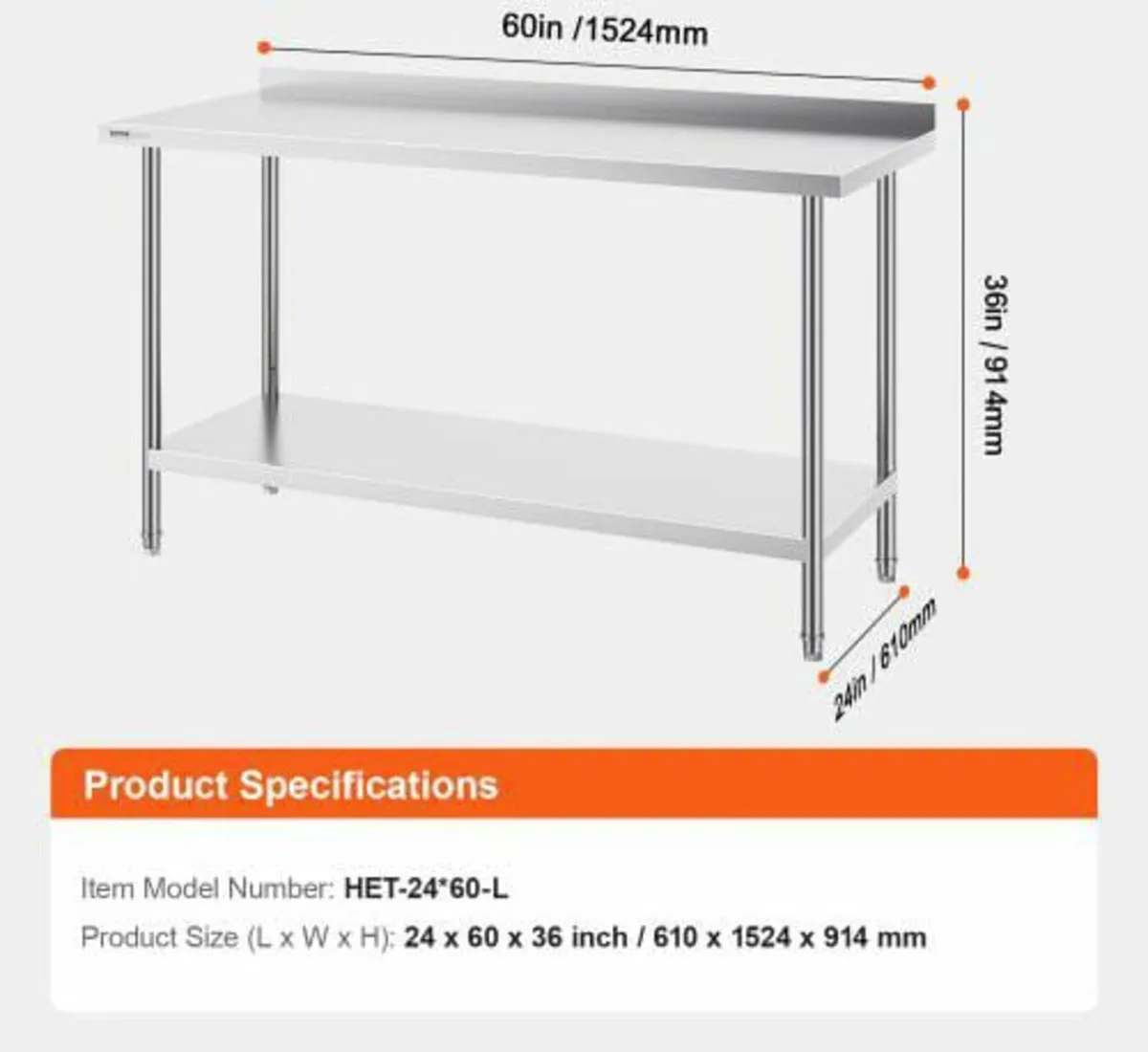 24 x 60 x 36 Inch Stainless Steel Work Table, Comm - Image 2