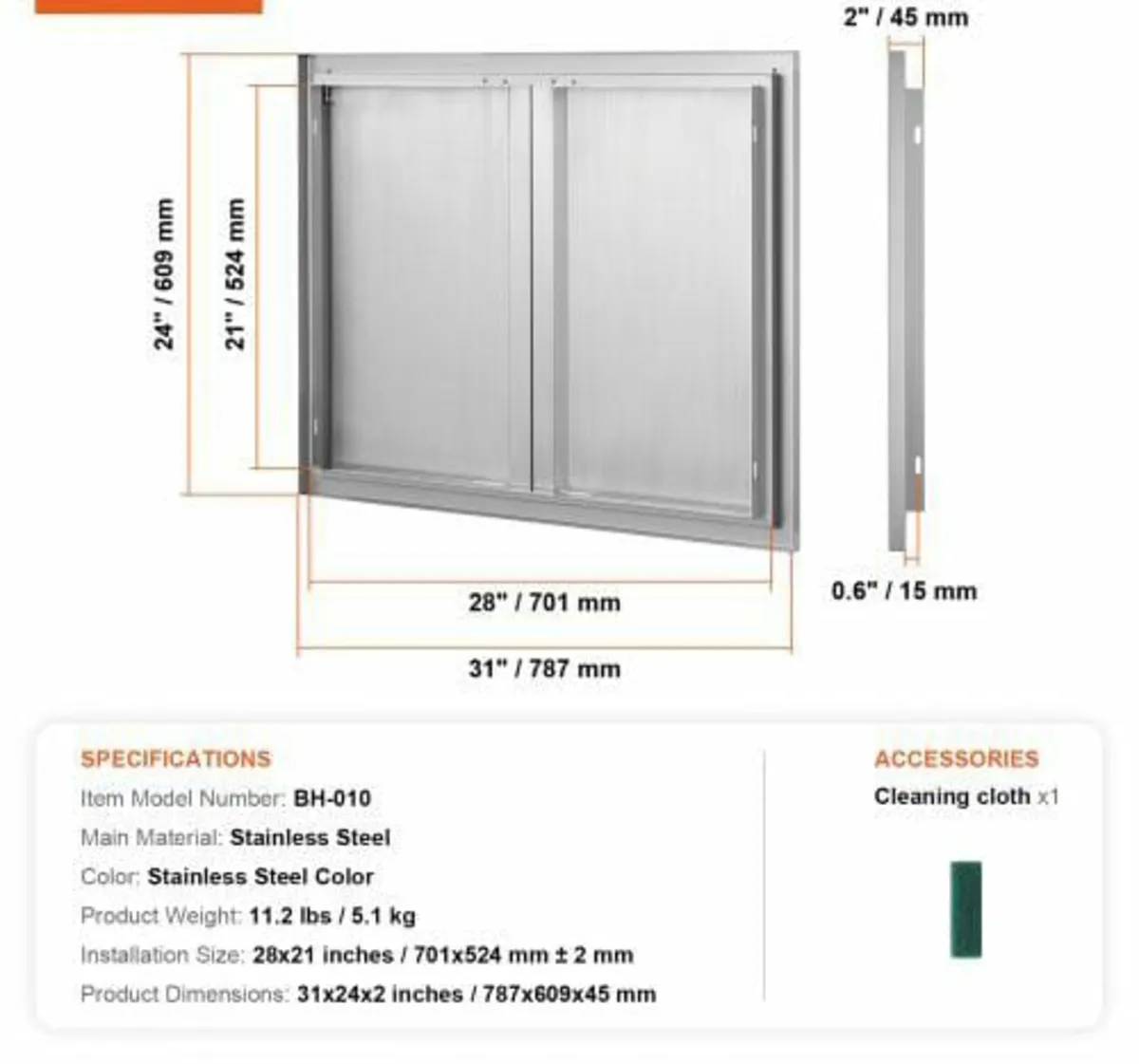787x609 mm Double Outdoor Kitchen Door, Stainless - Image 4