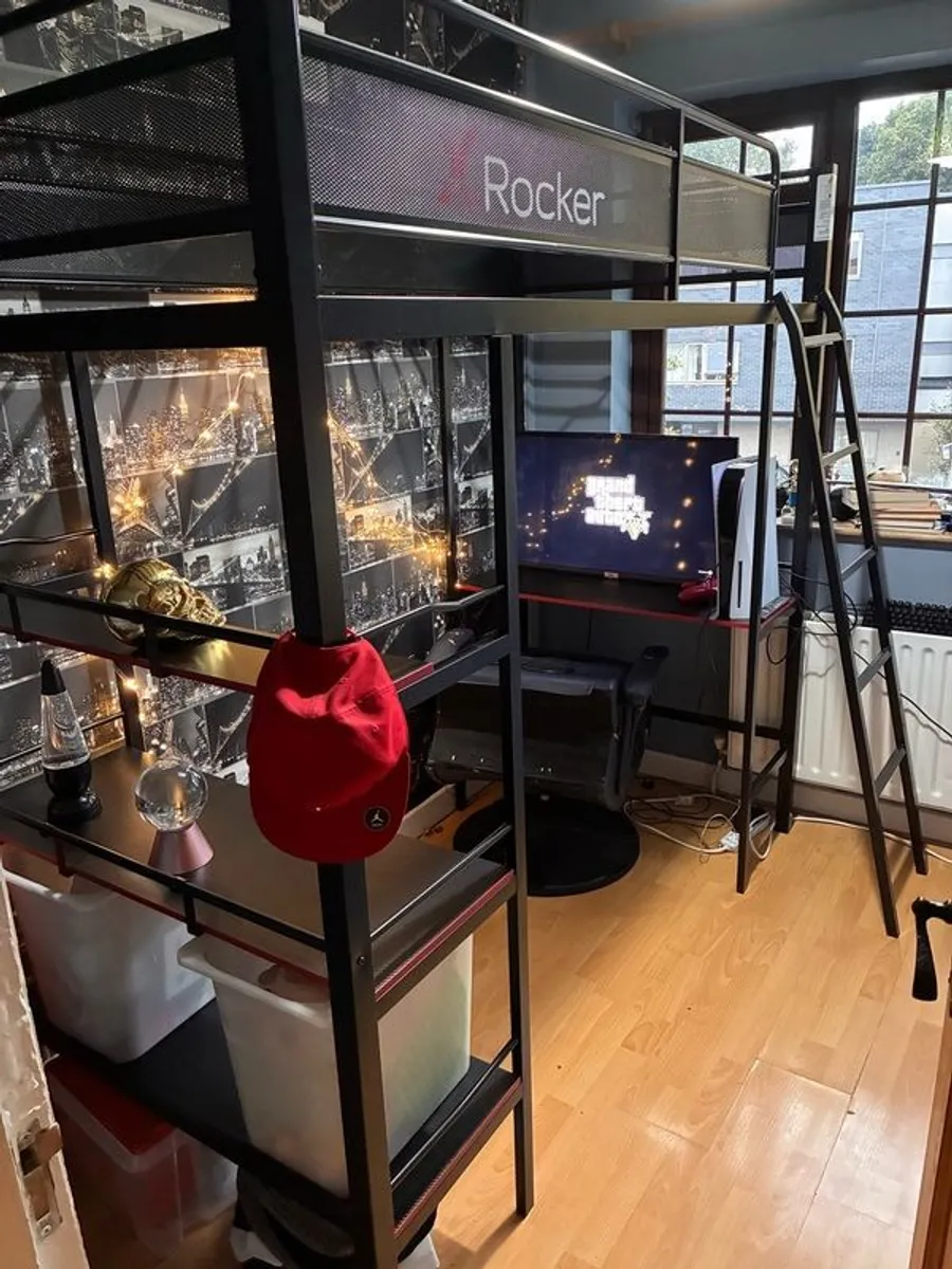 Loft metal bed with shelving units - Image 1