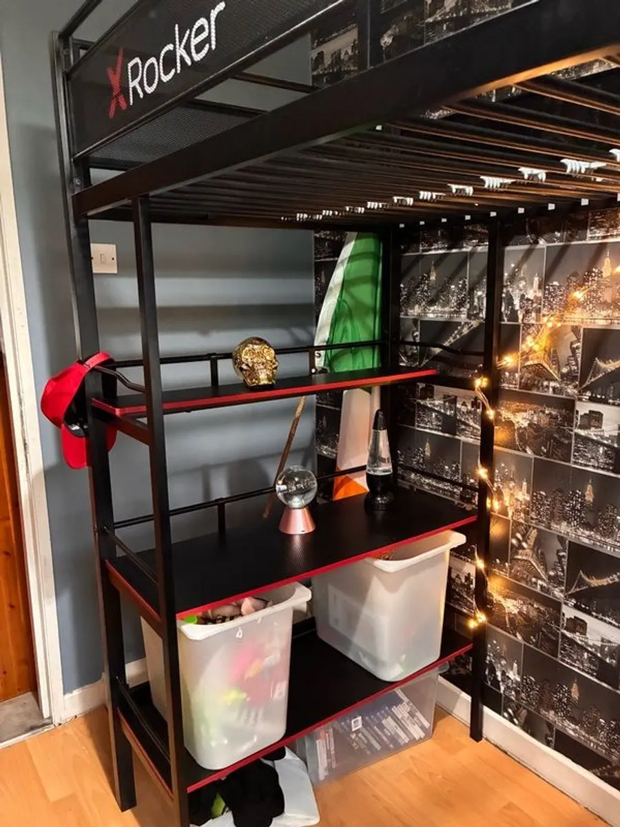 Loft metal bed with shelving units - Image 2