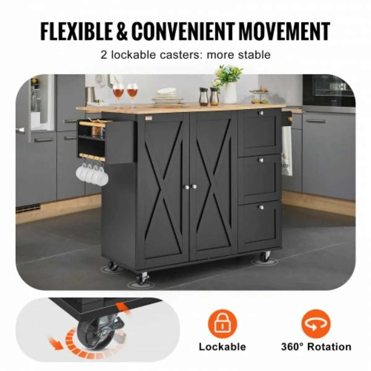 Kitchen Island Cart, 56" Wood Top Mobile Carts wit - Image 2