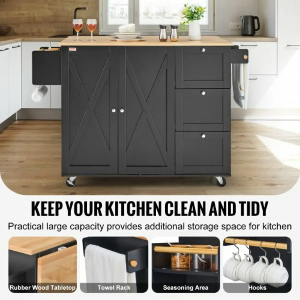 Kitchen Island Cart, 56" Wood Top Mobile Carts wit - Image 3