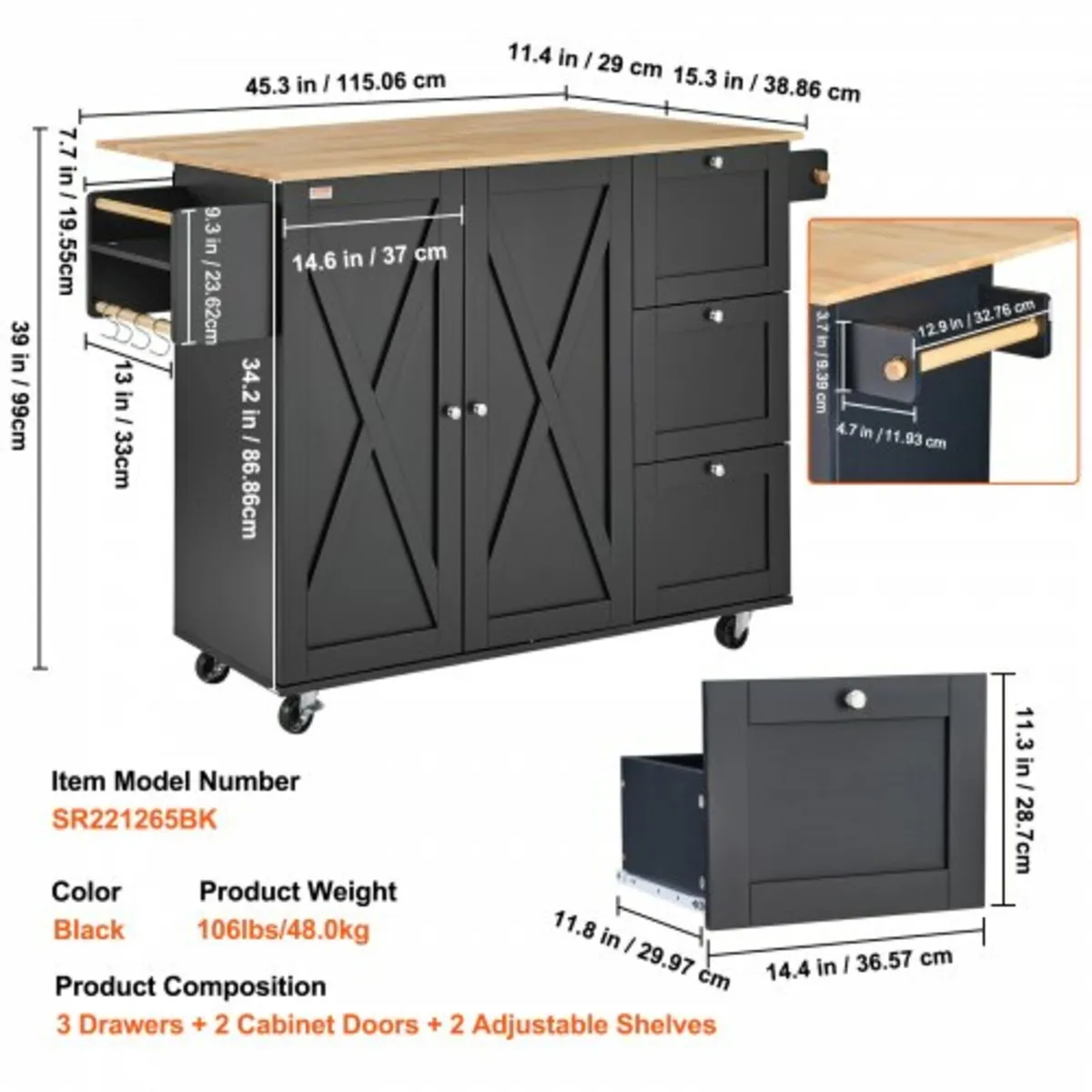 Kitchen Island Cart, 56" Wood Top Mobile Carts wit - Image 4