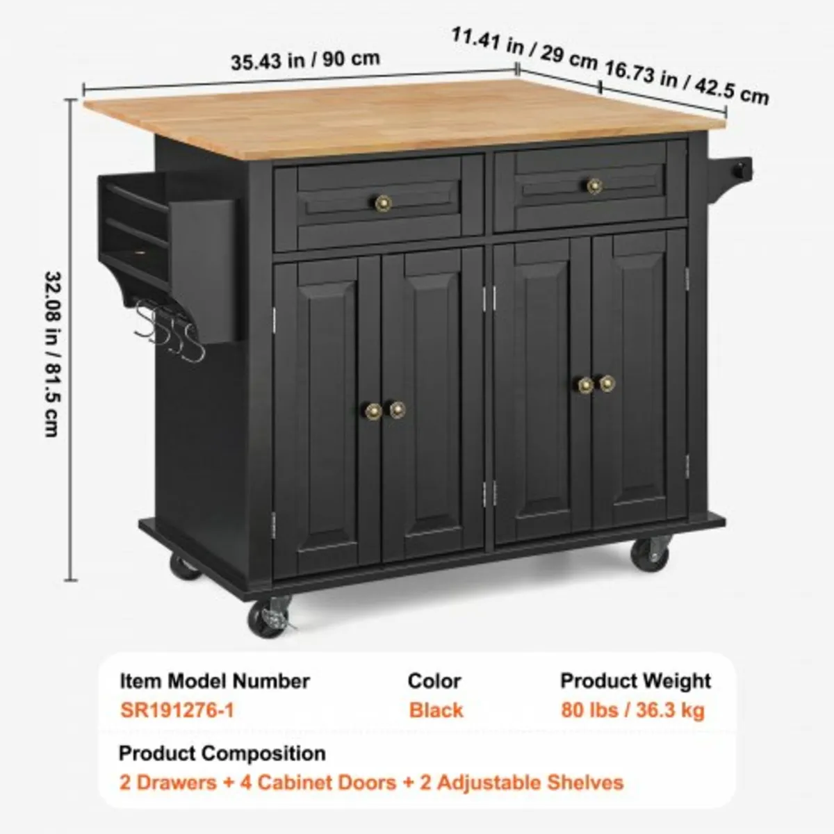 Kitchen Island Cart, 43" Wood Top Mobile Carts wit - Image 2