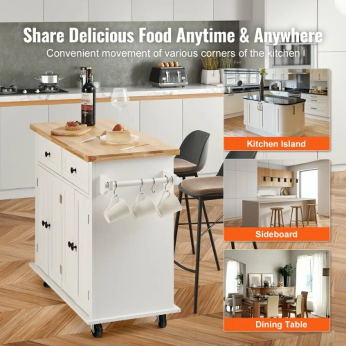 Kitchen Island Cart with Solid Wood Top, 90 cm Wid - Image 2