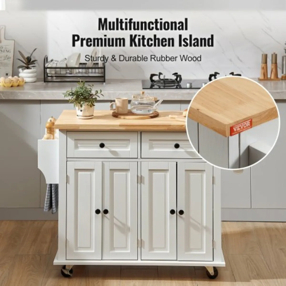 Kitchen Island Cart with Solid Wood Top, 90 cm Wid - Image 4
