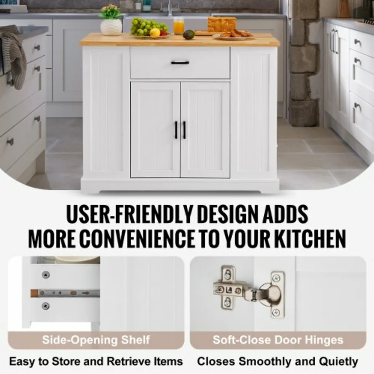 Kitchen Island Cart, 46" Wood Top Breakfast Bar wi - Image 2