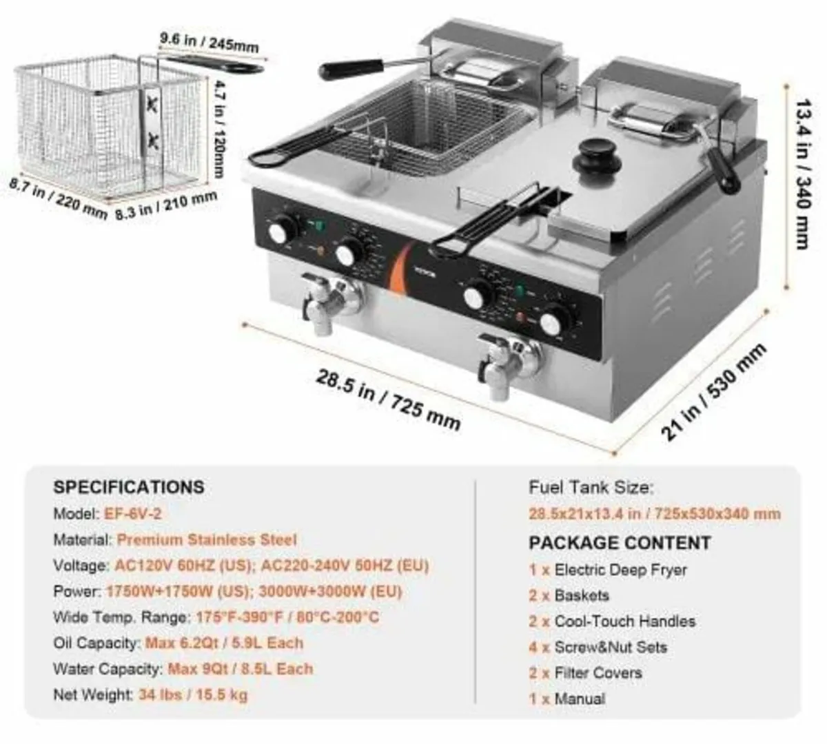Commercial Deep Fryer, Dual Tank 3500W Electric Co - Image 4
