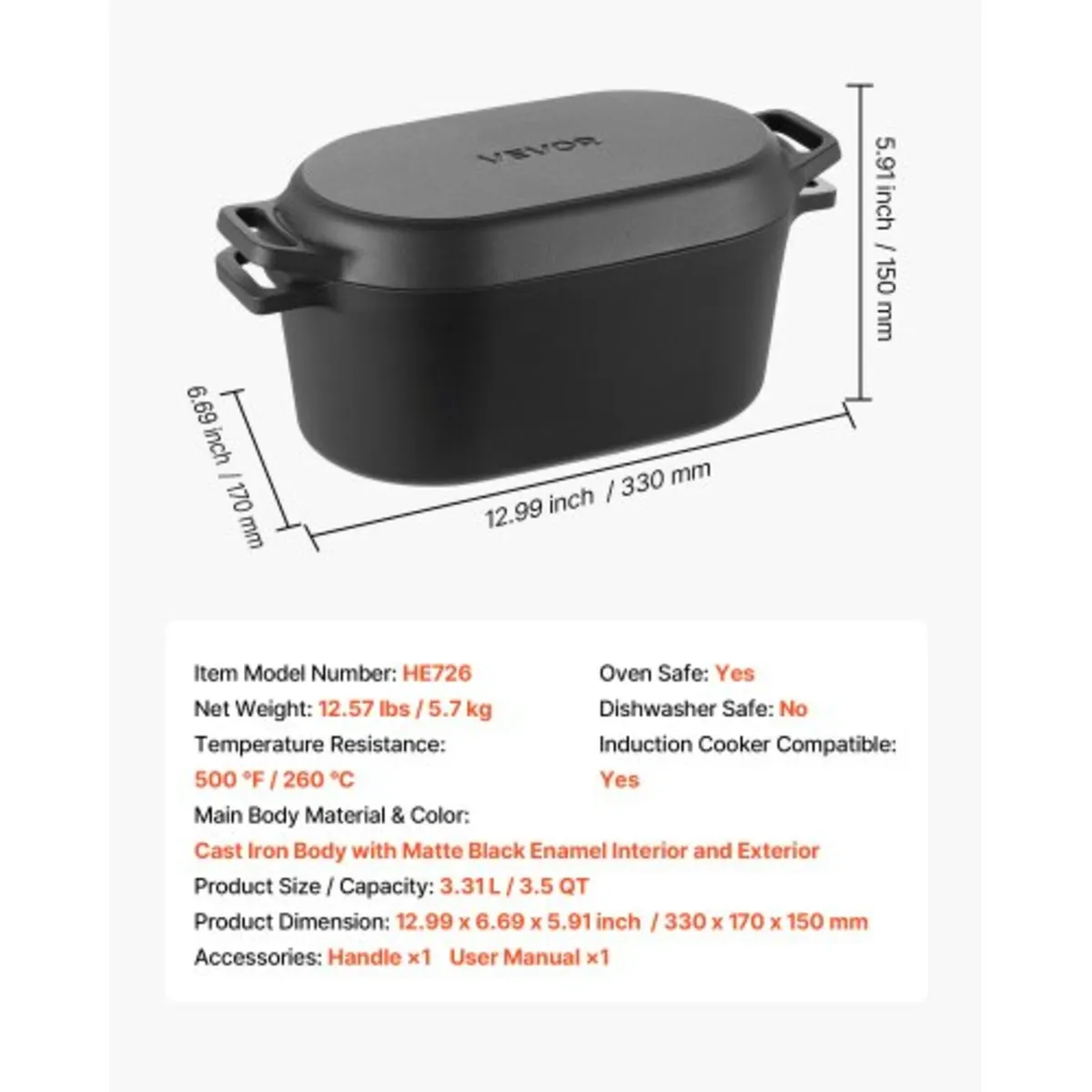 Enameled Cast Iron Dutch Oven, 3.3L Pot with Lid a - Image 2