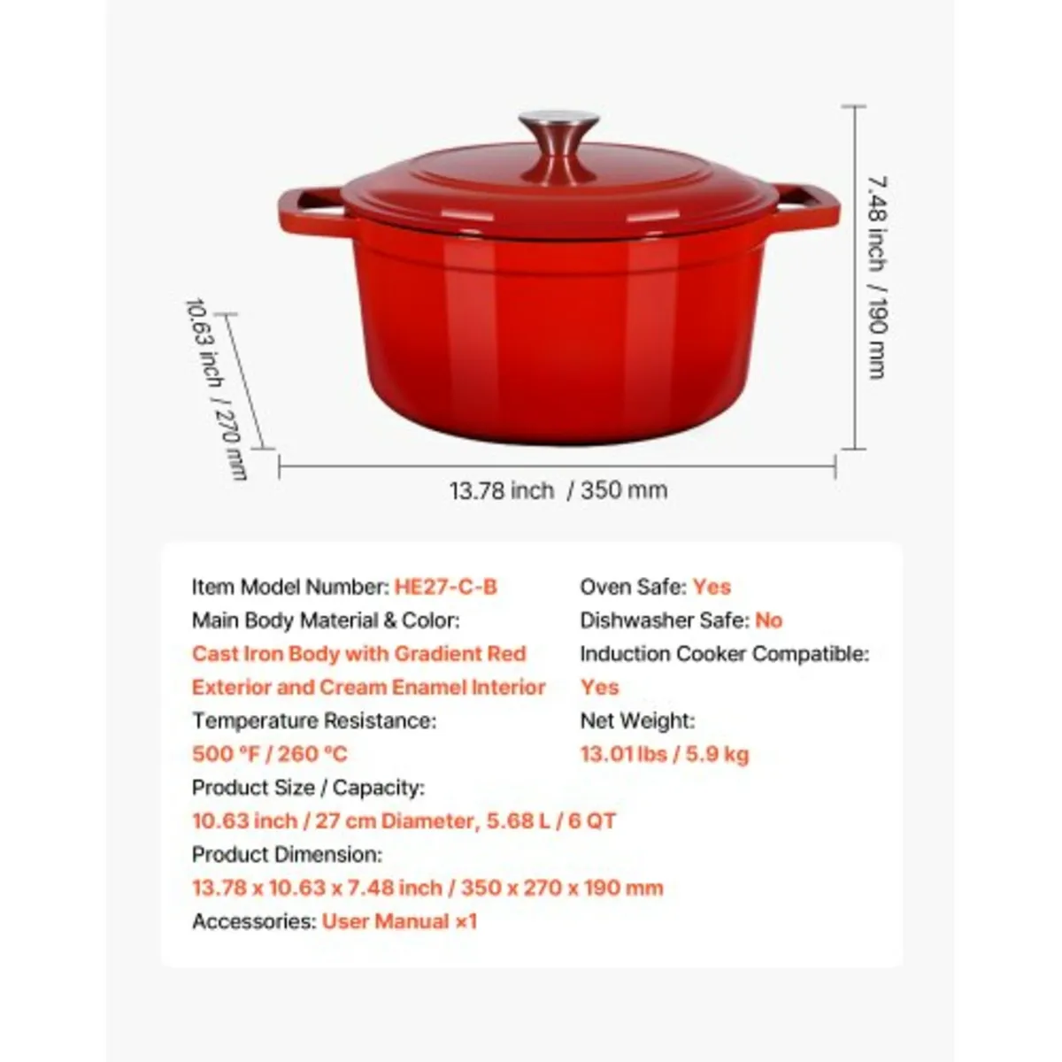 Enameled Cast Iron Dutch Oven, 5.7L Pot with Lid a - Image 2